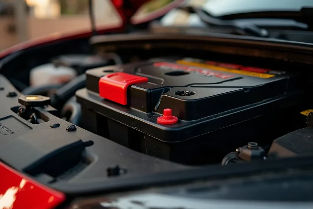 Batterie de voiture au Sénégal : gros plan sur une batterie sous le capot avec cosses rouge et noire