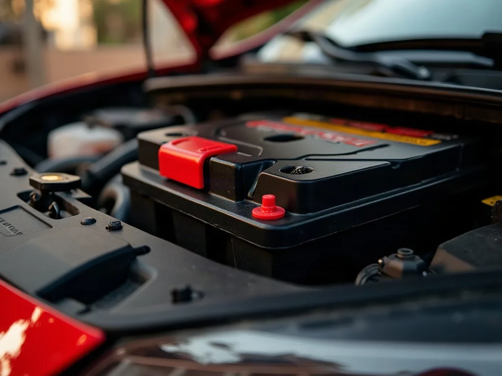 Batterie de voiture au Sénégal : gros plan sur une batterie sous le capot avec cosses rouge et noire