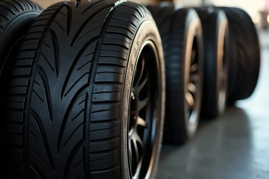 Pneus voiture au Sénégal : gros plan sur la bande de roulement de pneus neufs alignés dans un garage