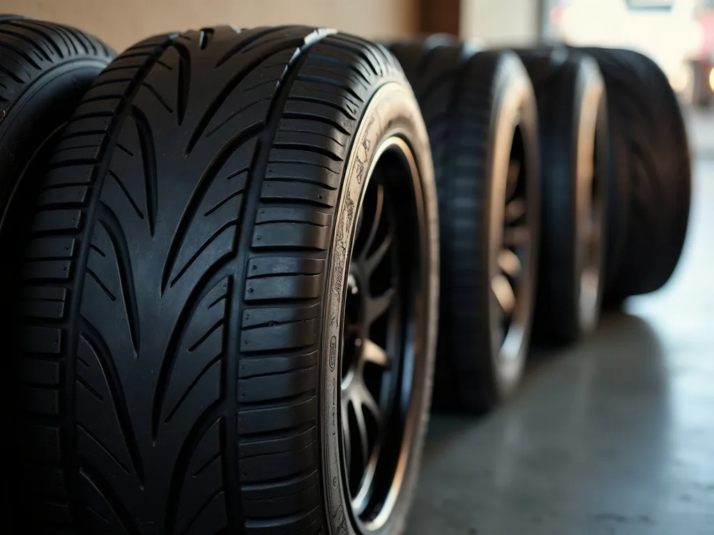 Pneus voiture au Sénégal : gros plan sur la bande de roulement de pneus neufs alignés dans un garage