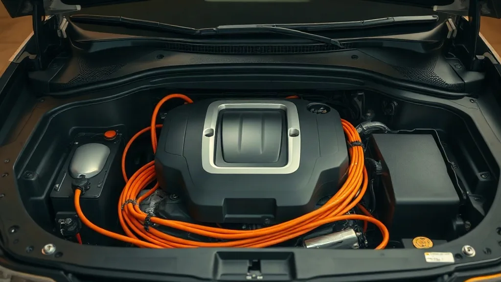 Voiture hybride : compartiment moteur d'un véhicule hybride moderne avec câbles haute tension orange et batterie